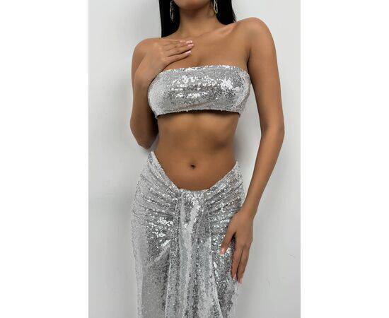 Women's Sequined Strapless Crop Top & Skirt Set