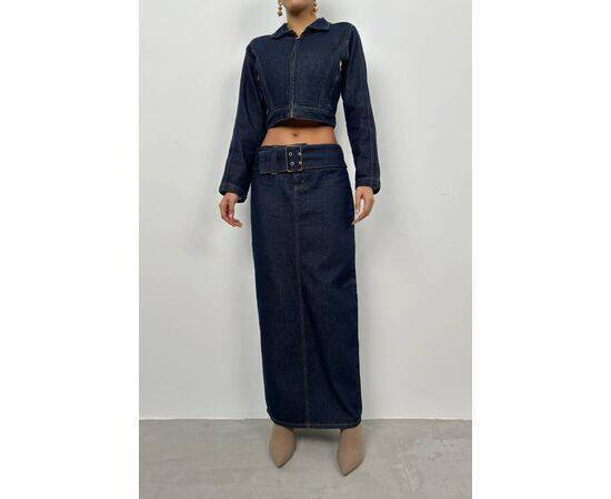 Women's Belt Detail Maxi Denim Skirt