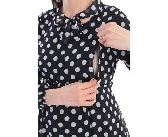 Maternity Hidden Zipper Breastfeeding Section Lace Waist Chiffon Maxi Length Hijab Dress Polka Dot Black